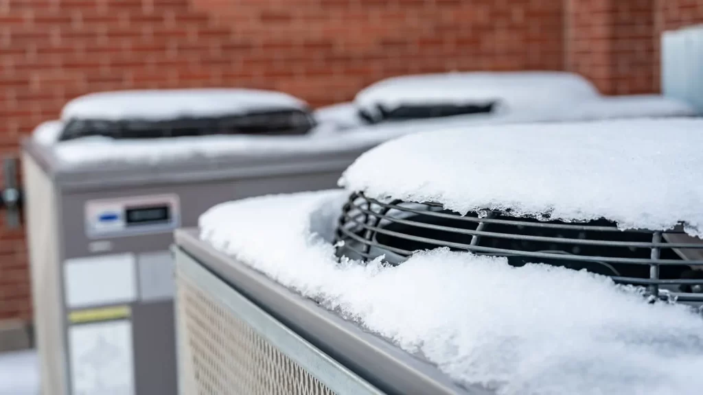 Outdoor HVAC units covered in snow
